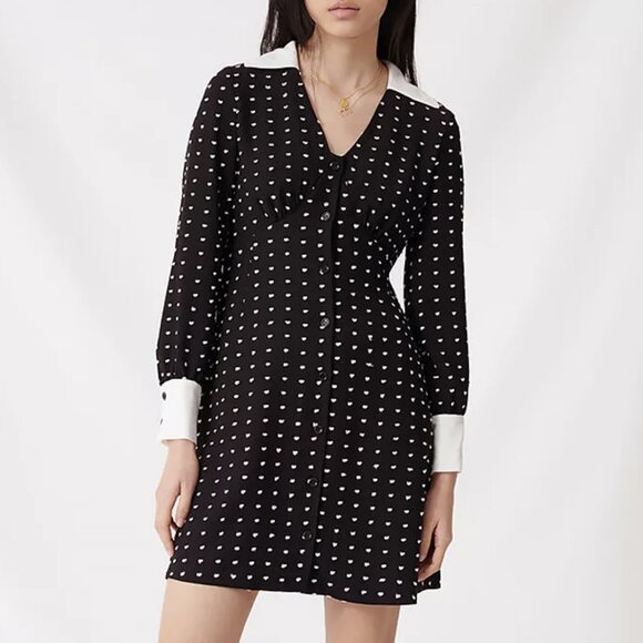 New Maje Randi Polka Dot Mini Shirtdress Black White 40 8 $315